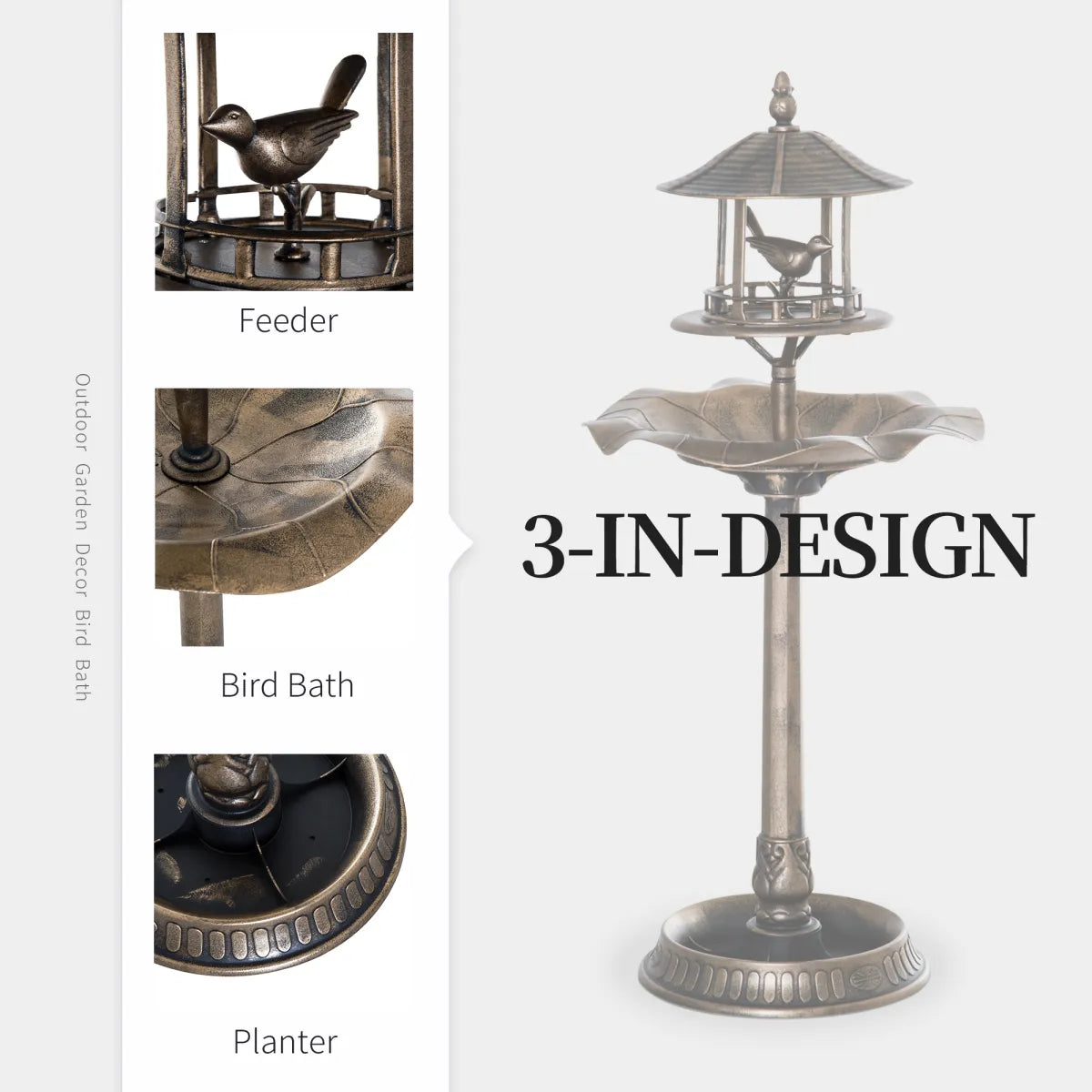 3-in-1 Garden Bird Bath Pedestal with Feeder, Bronze