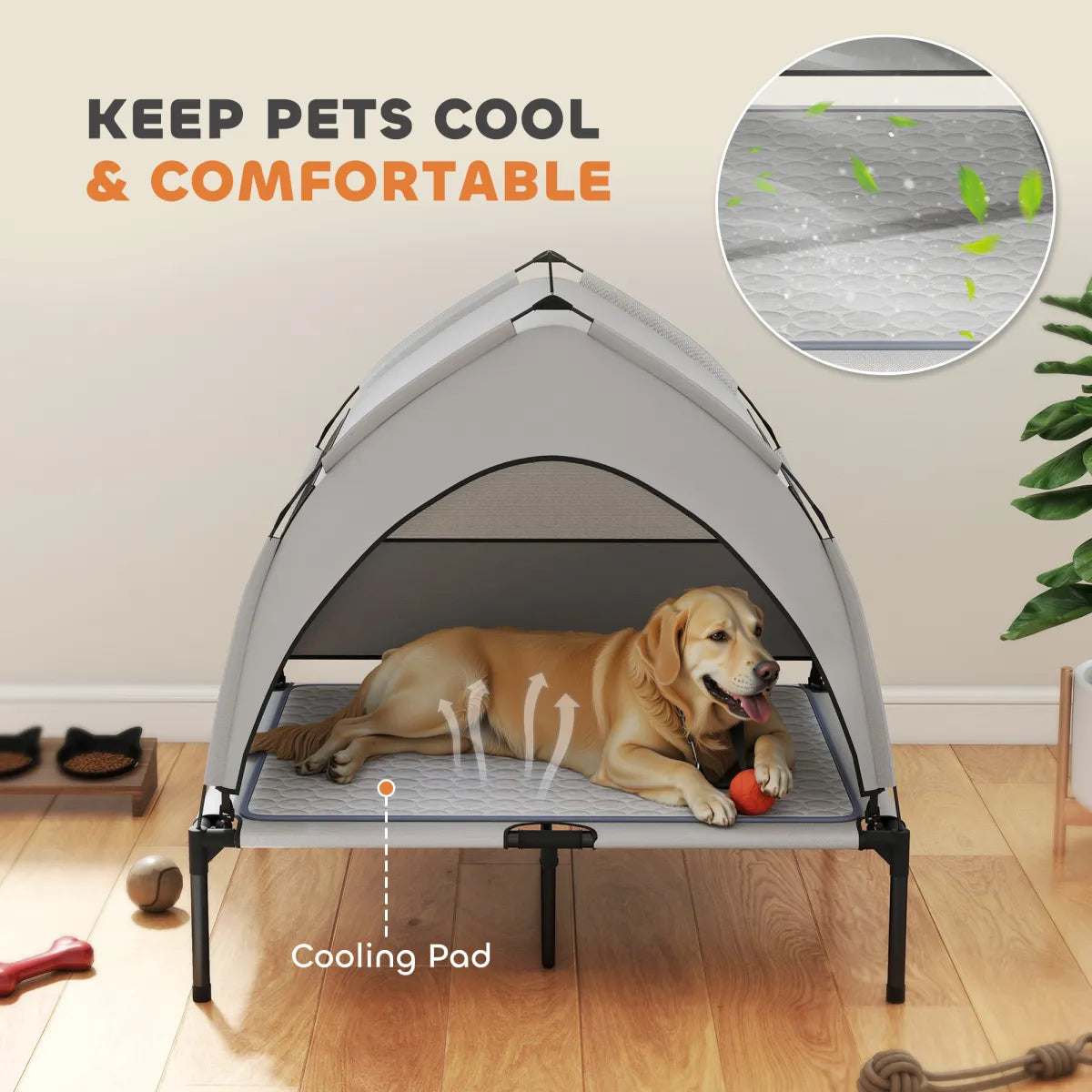 Elevated Dog Bed with Removable Canopy and Cooling Pad, Light Gray