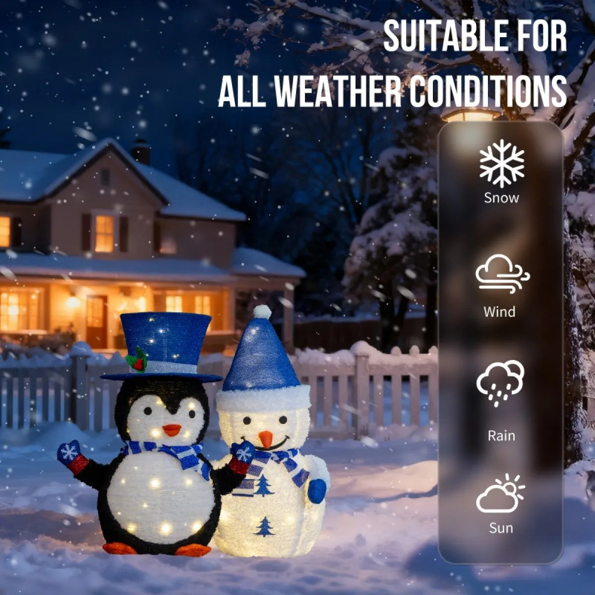 Set of 2 Pre-Lit Plush Penguin and Snowman Christmas Decorations