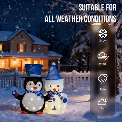 Set of 2 Pre-Lit Plush Penguin and Snowman Christmas Decorations