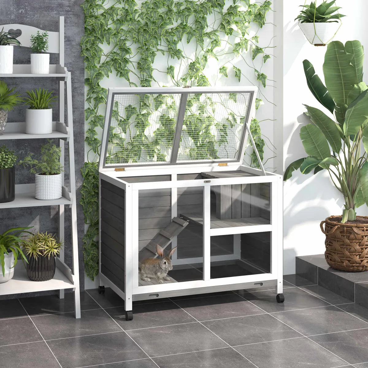 Desk-Sized Rabbit Hutch with Wheels, Grey