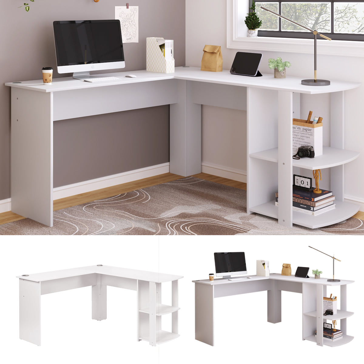 140cm L-shaped corner desk with storage, white