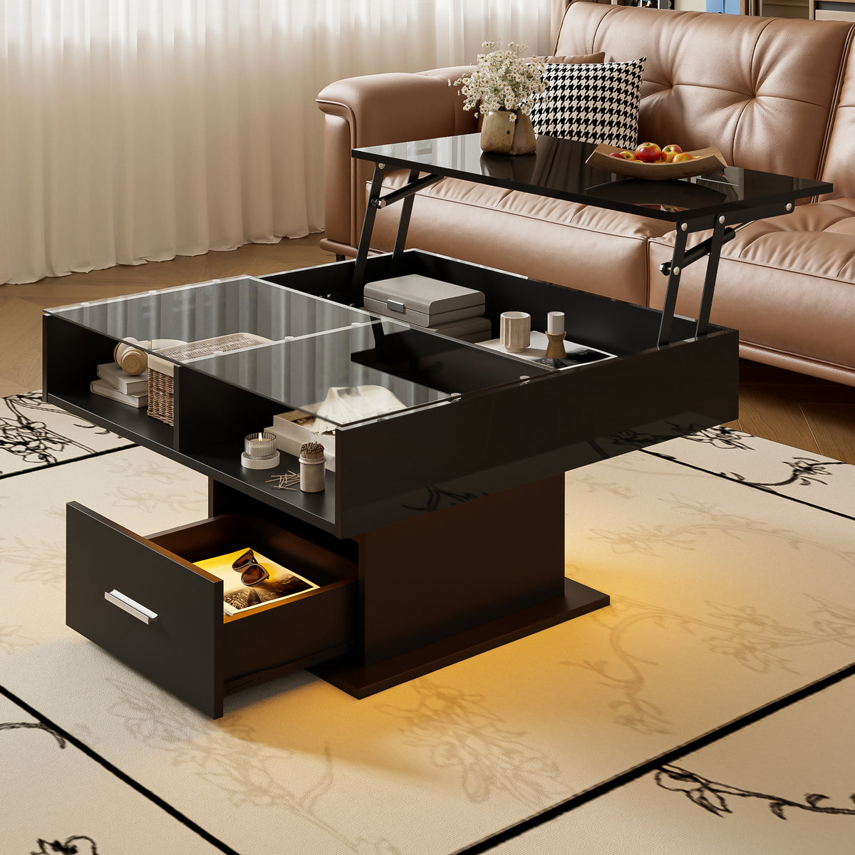 Lift-Top LED Coffee Table, Black – alternate view 3
