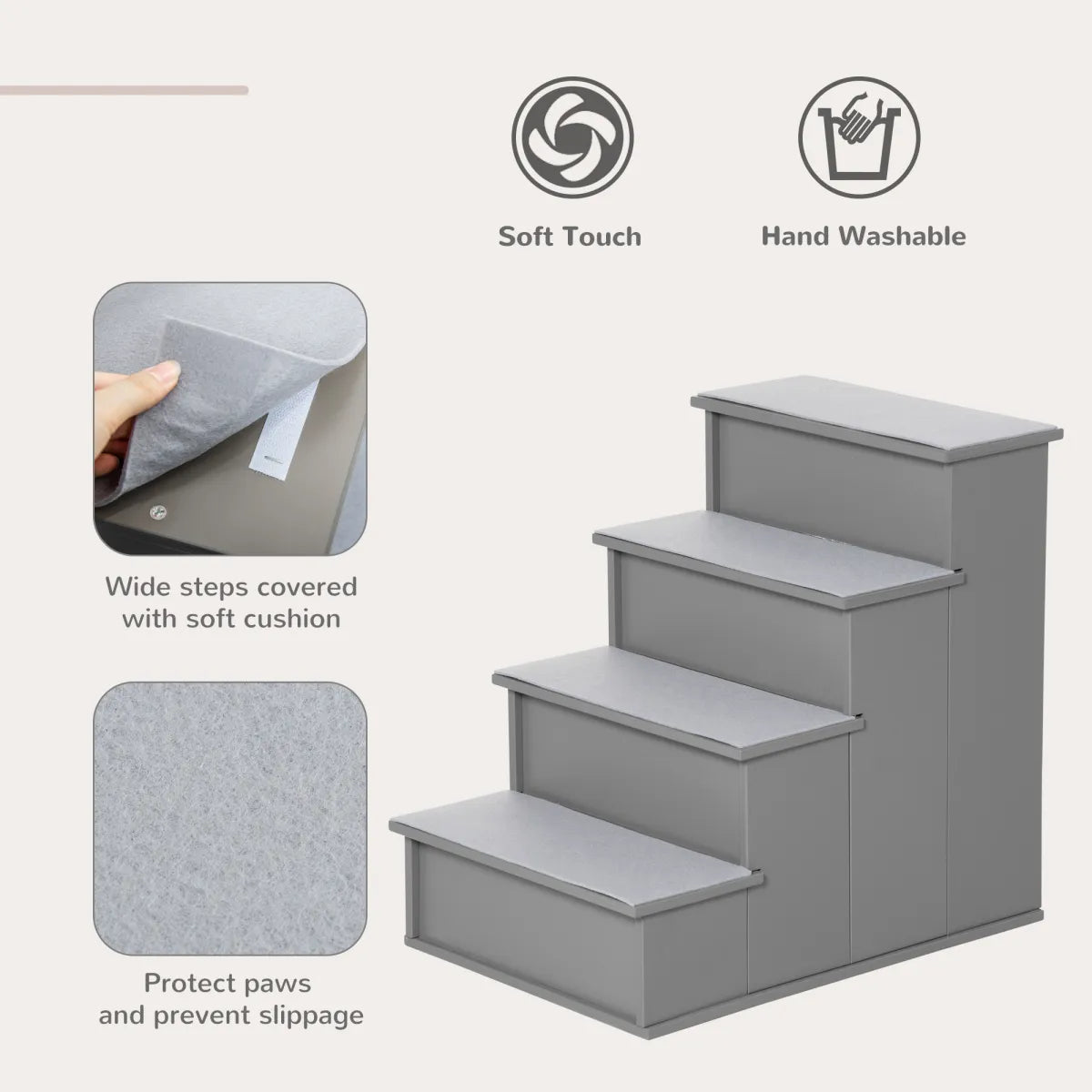 Cushioned Pet Stairs for Couch and Bed, Grey