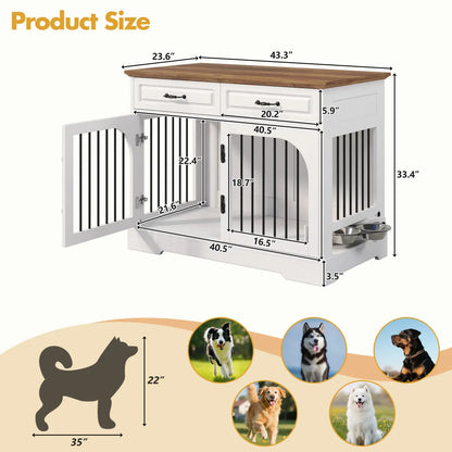 Farmhouse Dog Crate Furniture with Storage Drawers, White Brown