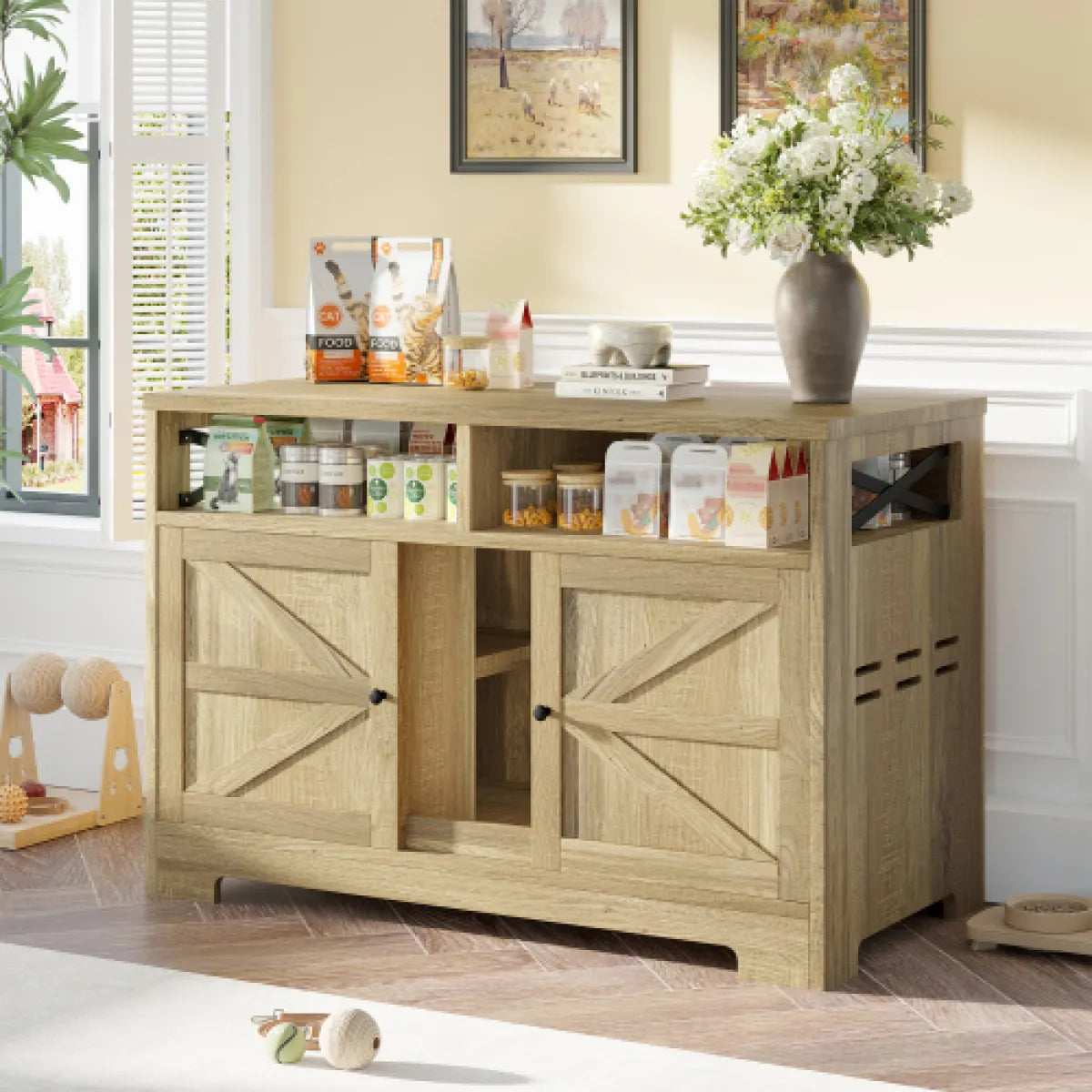 Hidden Cat Litter Box Furniture – Enclosure Cabinet with Light & 2 Storage Drawers