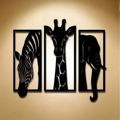 3-Piece Metal African Animal Wall Art Set, Zebra, Giraffe and Elephant Home Decor