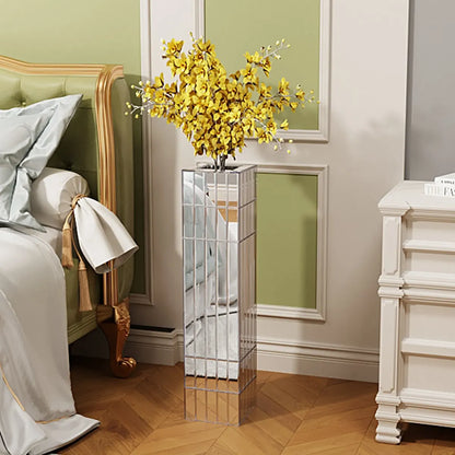 Tall Mirrored Glass Floor Vase for Dried Flowers, Silver Cube Design
