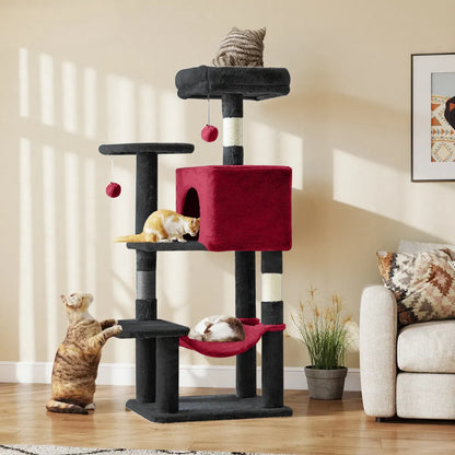 44" Cat Tree Tower with Sisal Scratching Posts, Hammock and Extended Platform, Beige