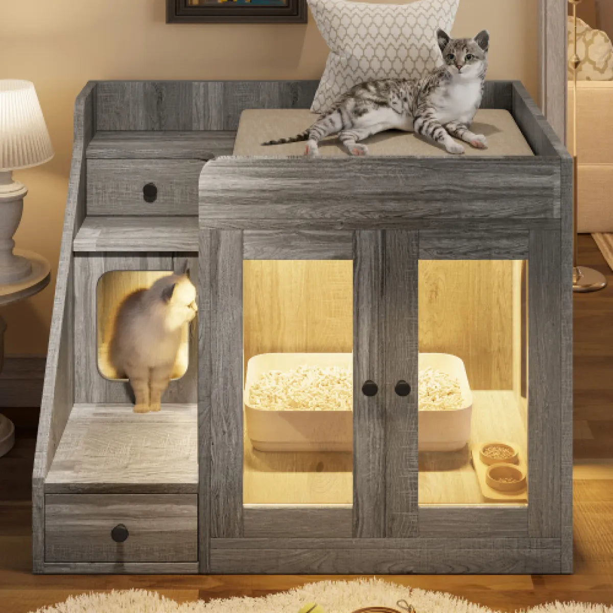 Hidden Cat Litter Box Furniture – Enclosure Cabinet with Light & 2 Storage Drawers