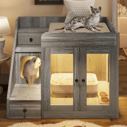 Hidden Cat Litter Box Furniture – Enclosure Cabinet with Light & 2 Storage Drawers