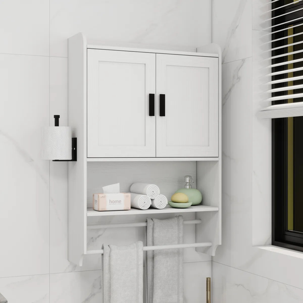 Bathroom Wall Cabinet with Adjustable Shelf, Towel Bar and Paper Holder, White