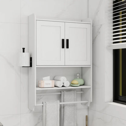 Bathroom Wall Cabinet with Adjustable Shelf, Towel Bar and Paper Holder, White