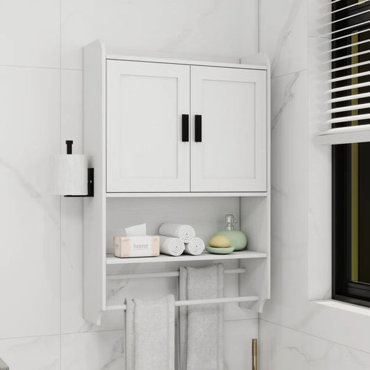 Bathroom Wall Cabinet with Adjustable Shelf, Towel Bar and Paper Holder, White