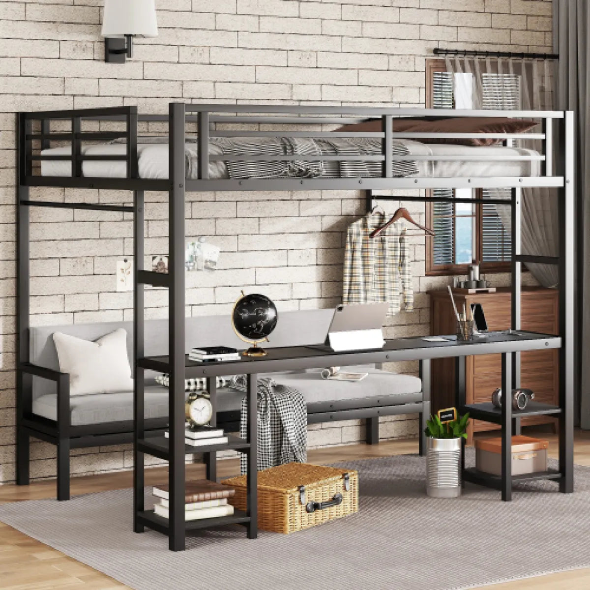 Queen Over Twin XL Metal Bunk Bed – Loft Bed with Desk, Shelves & Fold-Out Sofa, Black