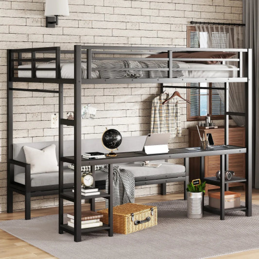 Queen Over Twin XL Metal Bunk Bed – Loft Bed with Desk, Shelves & Fold-Out Sofa, Black