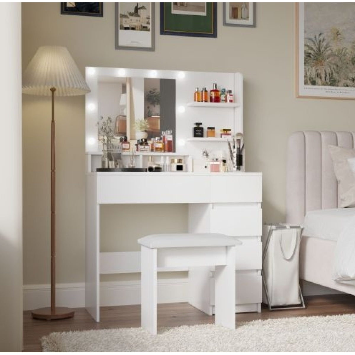 Hollywood Lighted Makeup Vanity Desk Set – Particle Board & MDF with Stool, White Bedroom – view 3