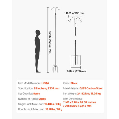 Double Shepherd's Hook Bird Feeder Pole, 92", 8-Pack, Black