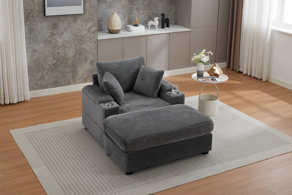 Corduroy Chaise Lounge Sofa with Ottoman, Grey – alternate view 3