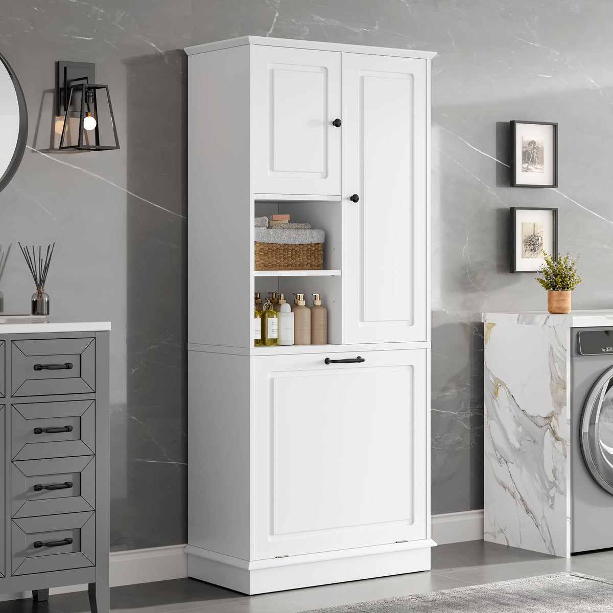 Tall Storage Cabinet with Flip-Out Basket, White – alternate view 4