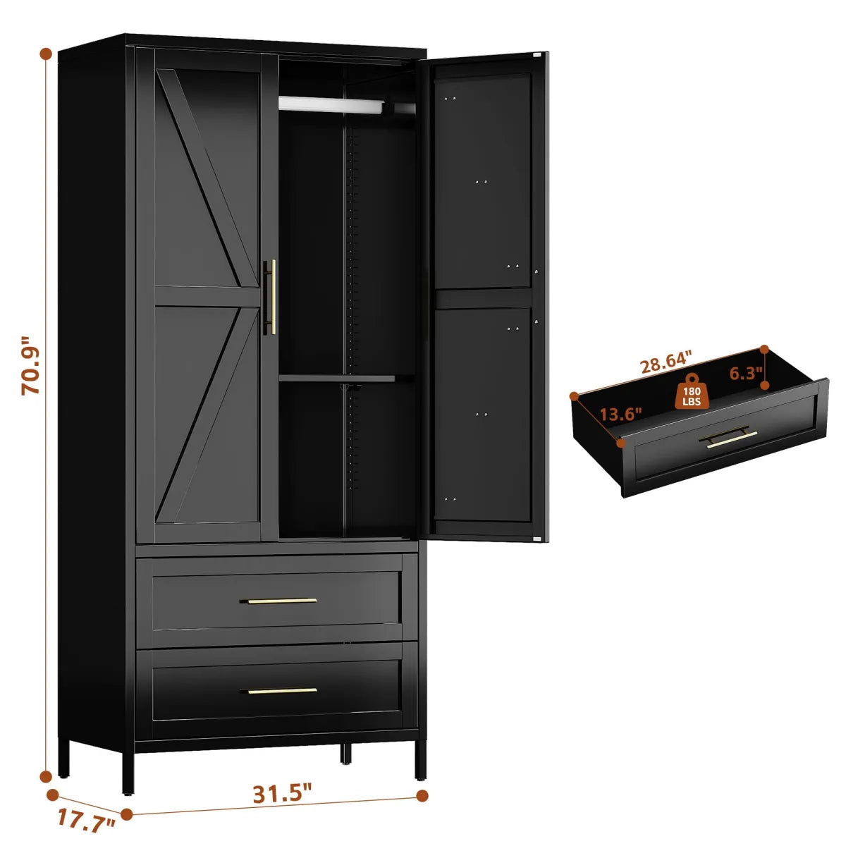 Metal Wardrobe Closet with Doors – 2 Drawers, Hanging Rod & Shelf, Black Bedroom Armoire – view 3