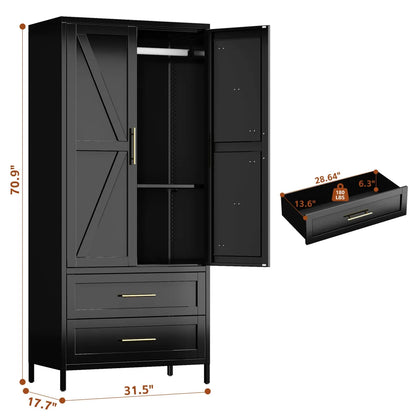 Metal Wardrobe Closet with Doors – 2 Drawers, Hanging Rod & Shelf, Black Bedroom Armoire – view 3