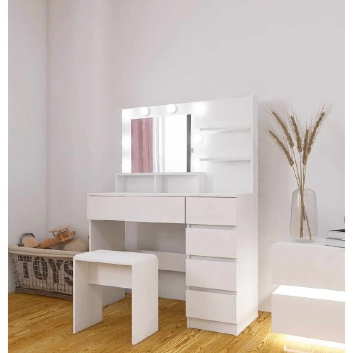 Hollywood Lighted Makeup Vanity Desk Set – Particle Board & MDF with Stool, White Bedroom – view 4