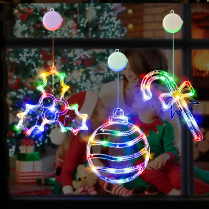 3 Pack Multicolor Christmas Window Lights, Ball, Holly and Candy Cane