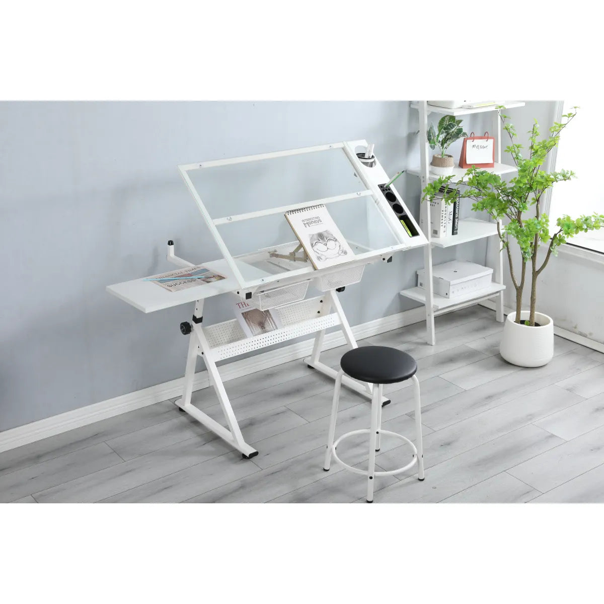 Adjustable Tempered Glass Drafting Table with Chair, White