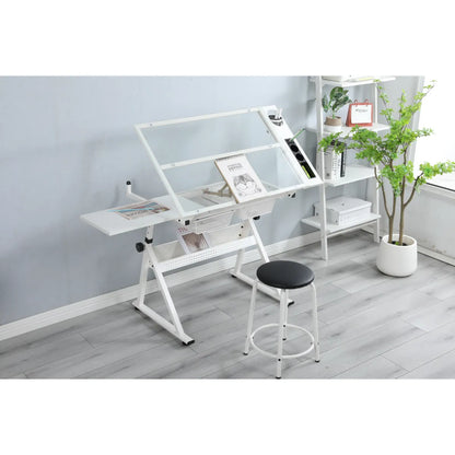 Adjustable Tempered Glass Drafting Table with Chair, White