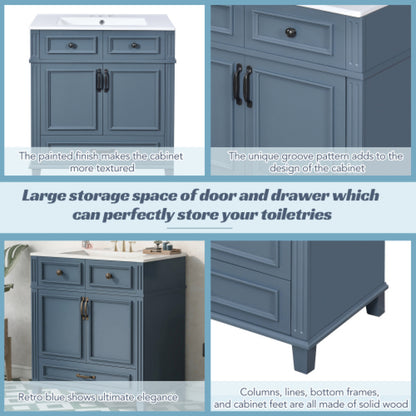 30" Ceramic Sink Bathroom Vanity – Solid Wood Frame, Retro Blue Bathroom Storage – view 2