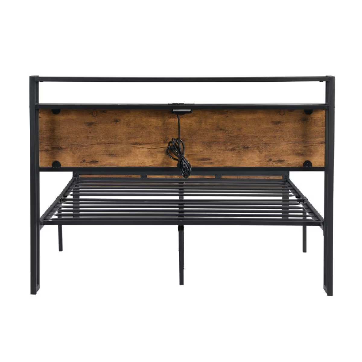 Queen Metal Platform Bed Frame – Wood Headboard & Footboard with USB Port, Black+Brown Bedroom – view 6