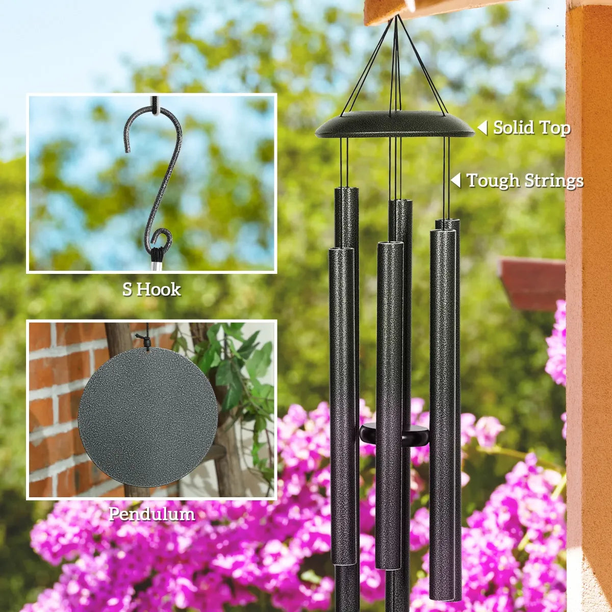 45" Deep Tone Wind Chimes with 6 Aluminum Tubes, Dark Grey