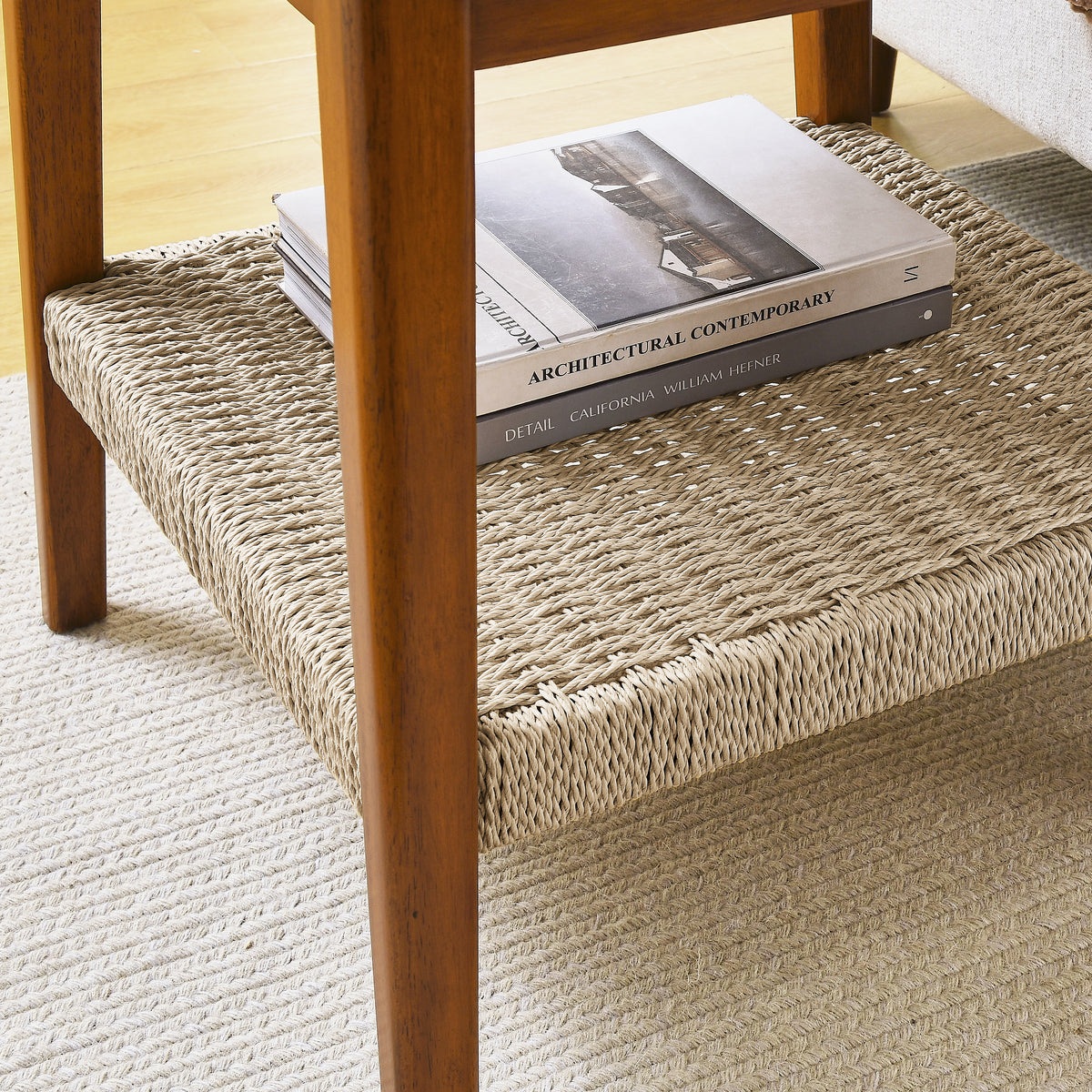 23 inch boho side table with woven shelf, walnut