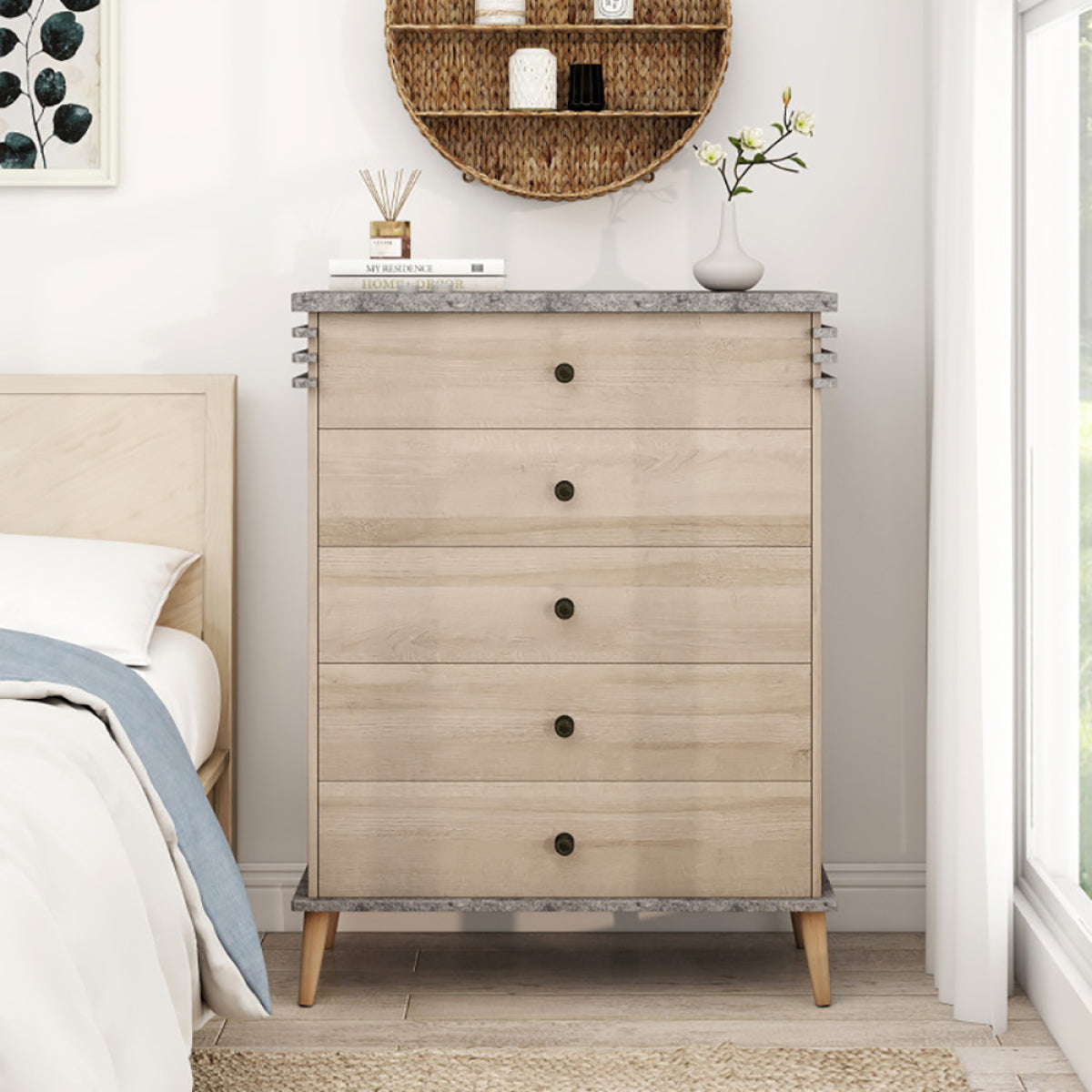 5-Drawer Farmhouse Dresser – Wood & Metal, Tall Bedroom Storage – view 6