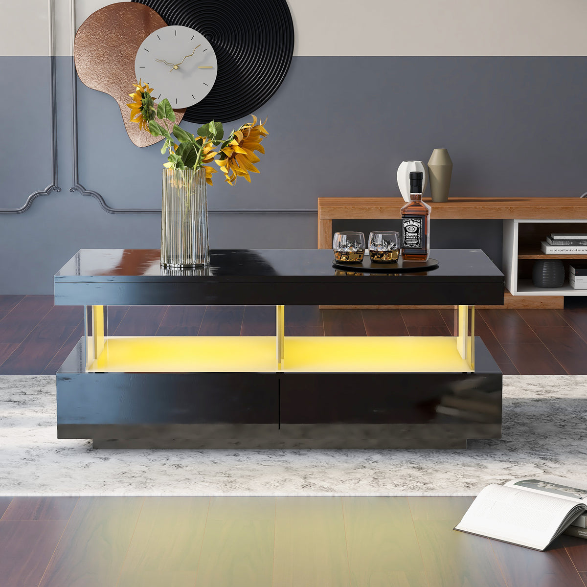 High-gloss LED coffee table with drawers, black