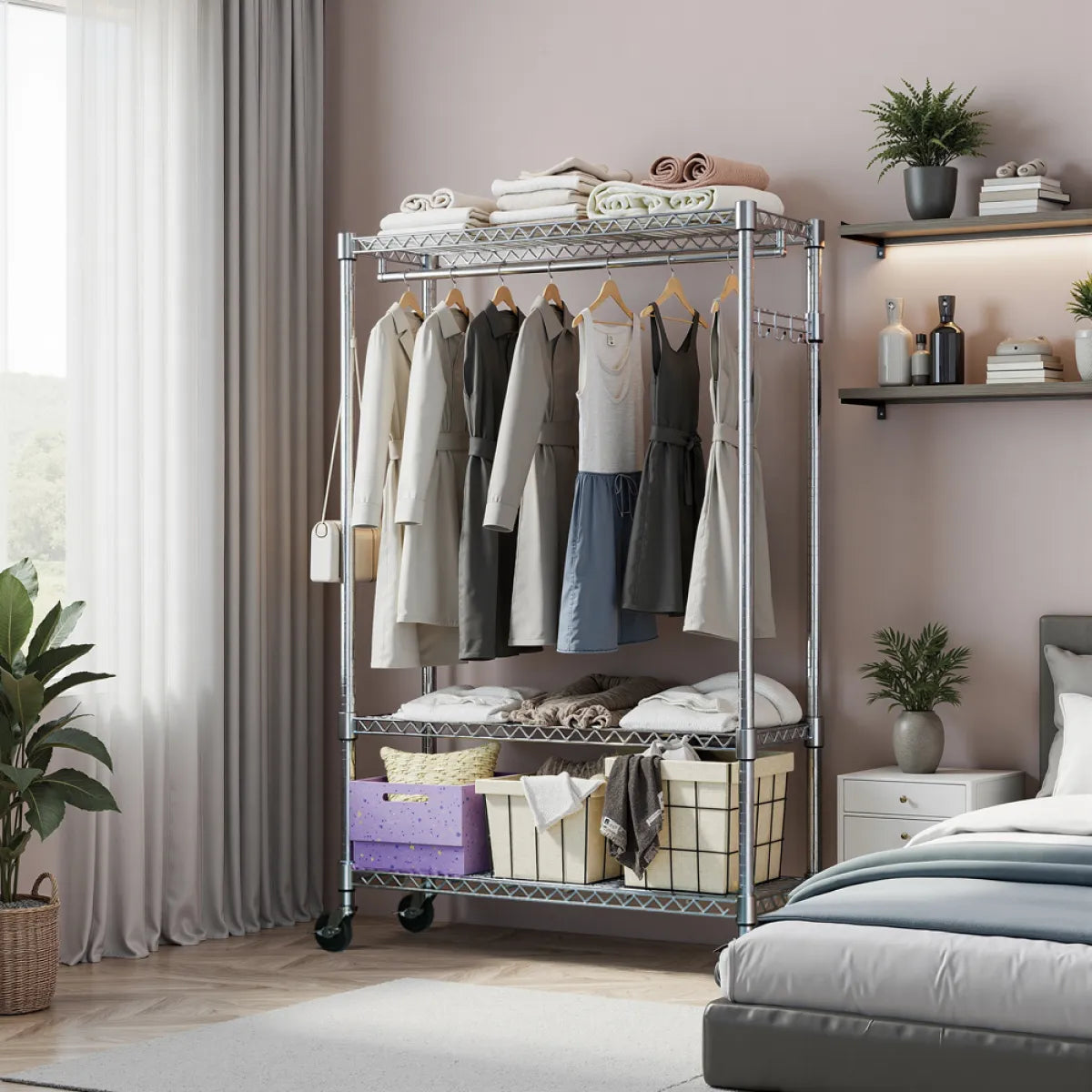 Rolling Garment Rack with Hang Rod, Chrome