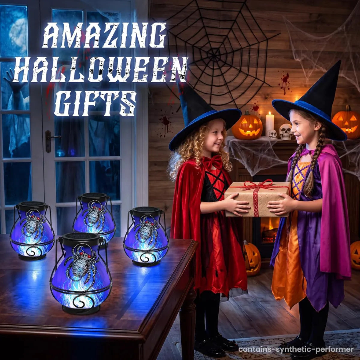 Halloween Solar Spider Lanterns, Set of 2, Flickering Flame