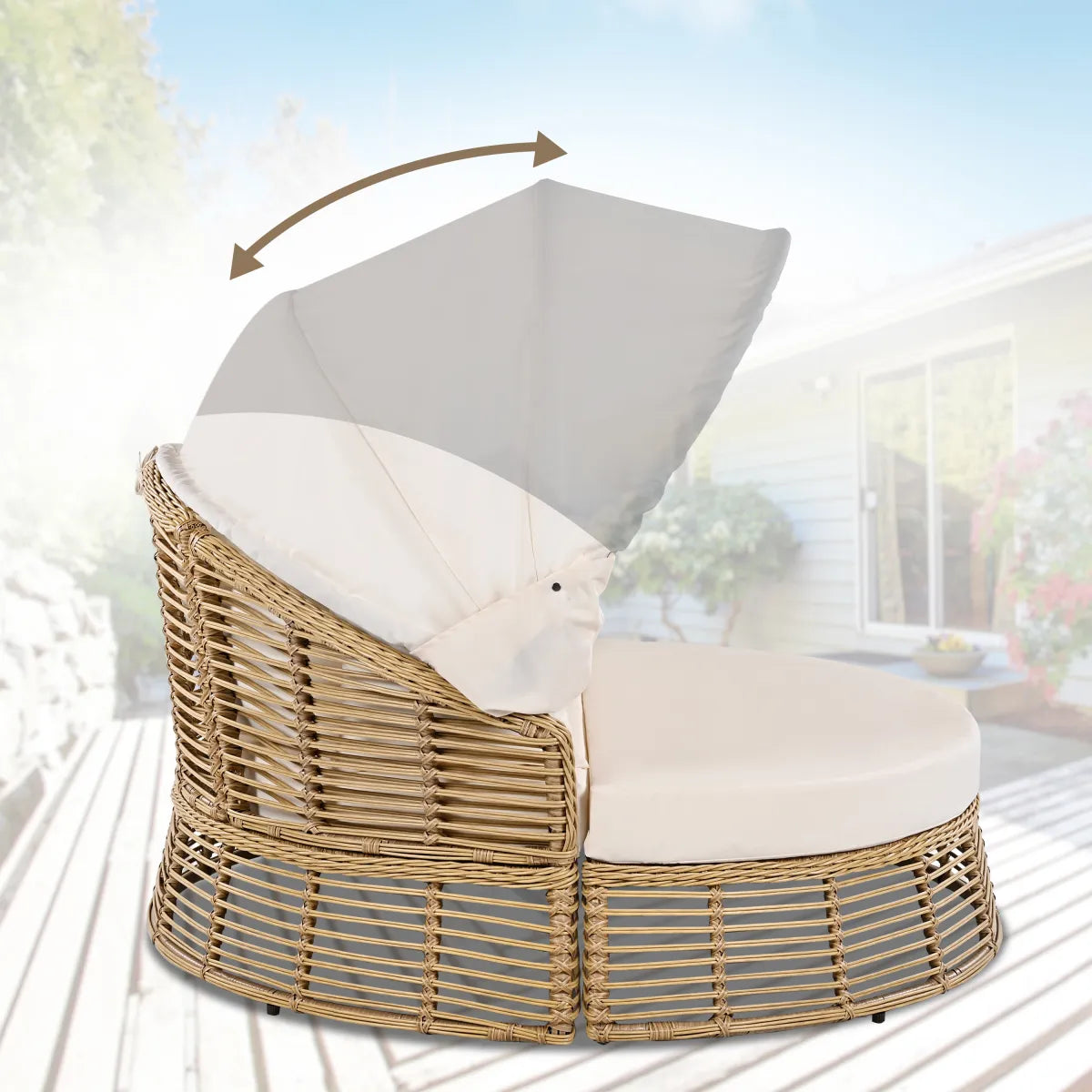 Round Wicker Outdoor Daybed with Retractable Canopy and Removable Cushions, Beige