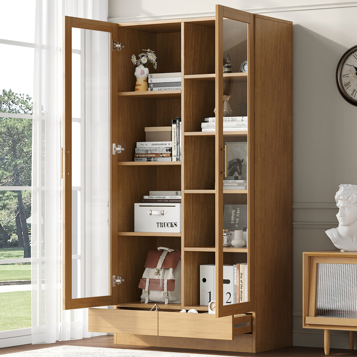 Tall glass display cabinet with drawer