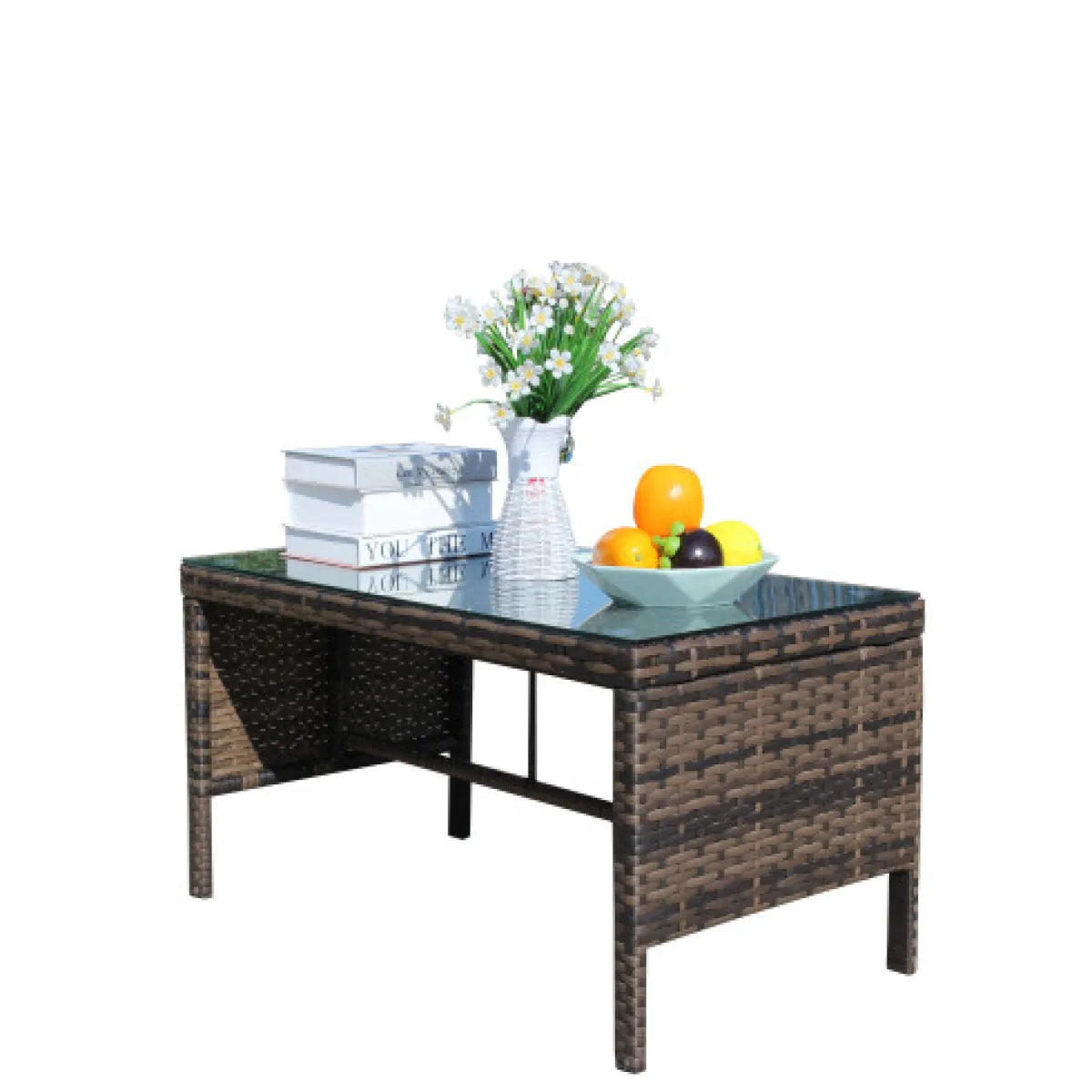 Outdoor Wicker Coffee Table with Clear Tempered Glass Top