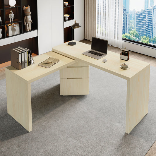 90" L-Shaped Rotating Desk, Natural Wood