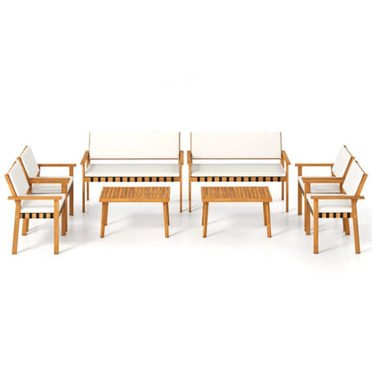 4-Piece Acacia Wood Patio Conversation Set with Cushions, Loveseat, Armchairs and Coffee Table