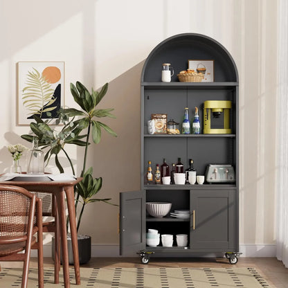 Metal Arched Bookcase with Wheels, Black – Freestanding Storage Cabinet