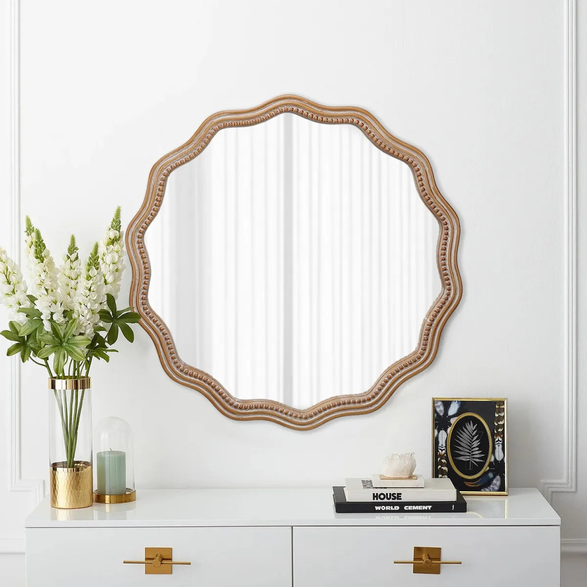 Scalloped Wood Frame Round Wall Mirror, Antique Natural