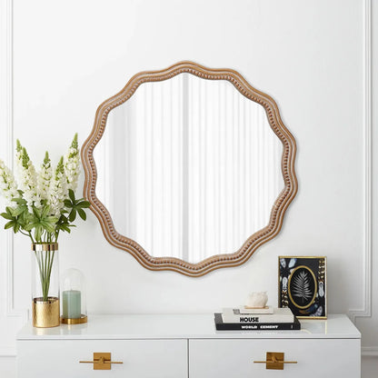 Scalloped Wood Frame Round Wall Mirror, Antique Natural