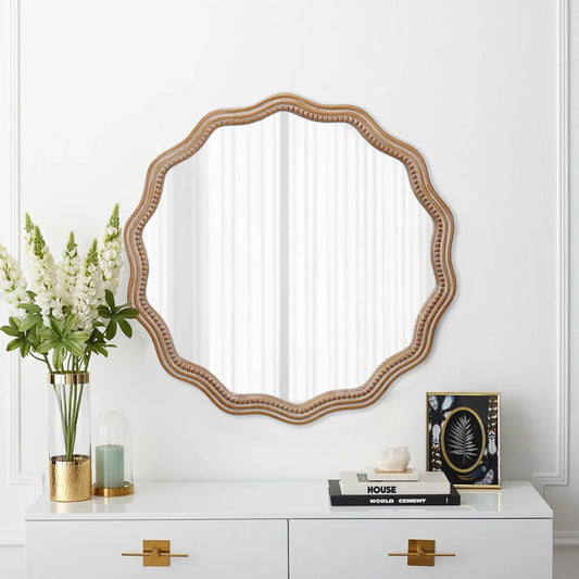 Scalloped Wood Frame Round Wall Mirror, Antique Natural