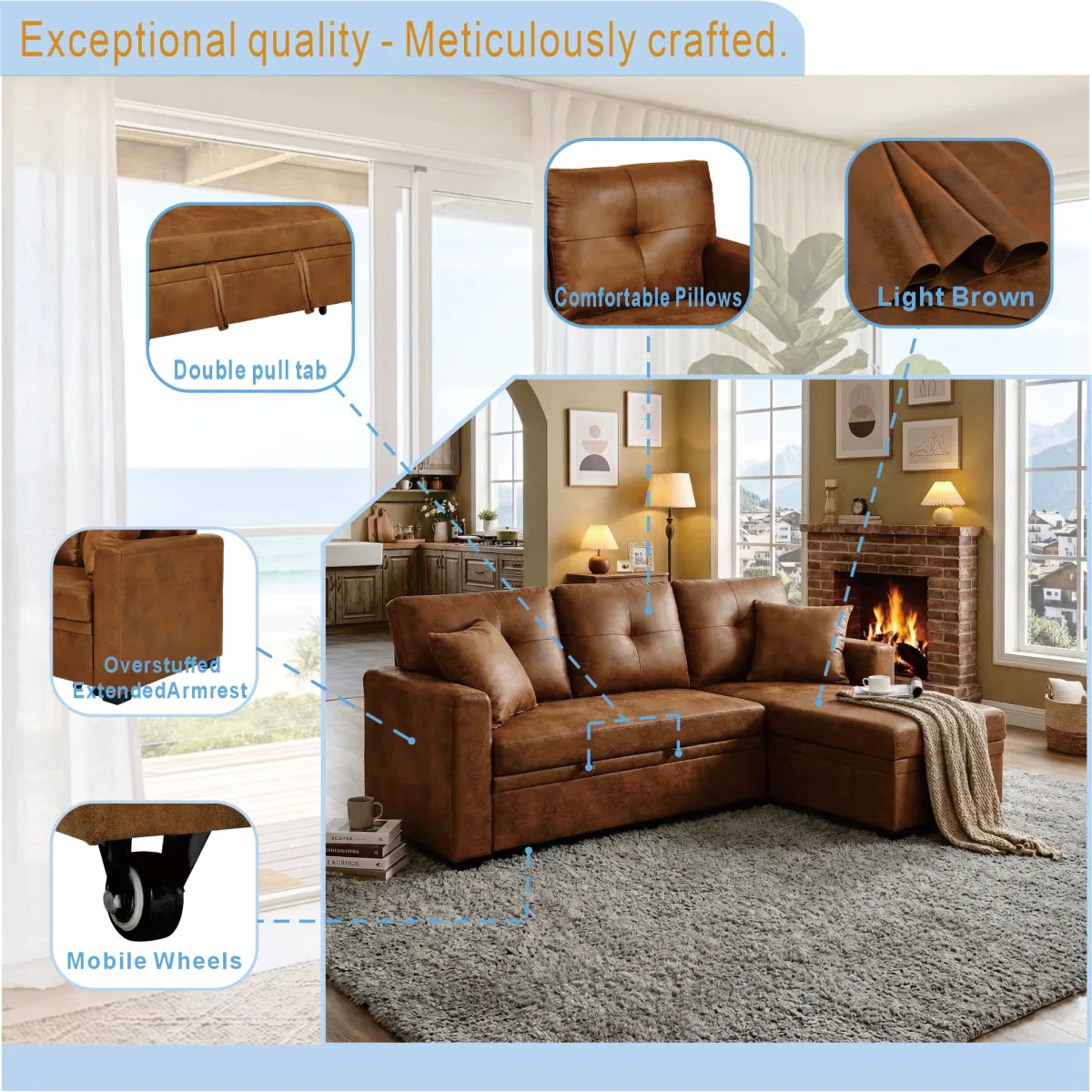 L-Shaped Pull-Out Sleeper Sofa – Reversible Chaise, Storage Sectional, Light Brown – view 7