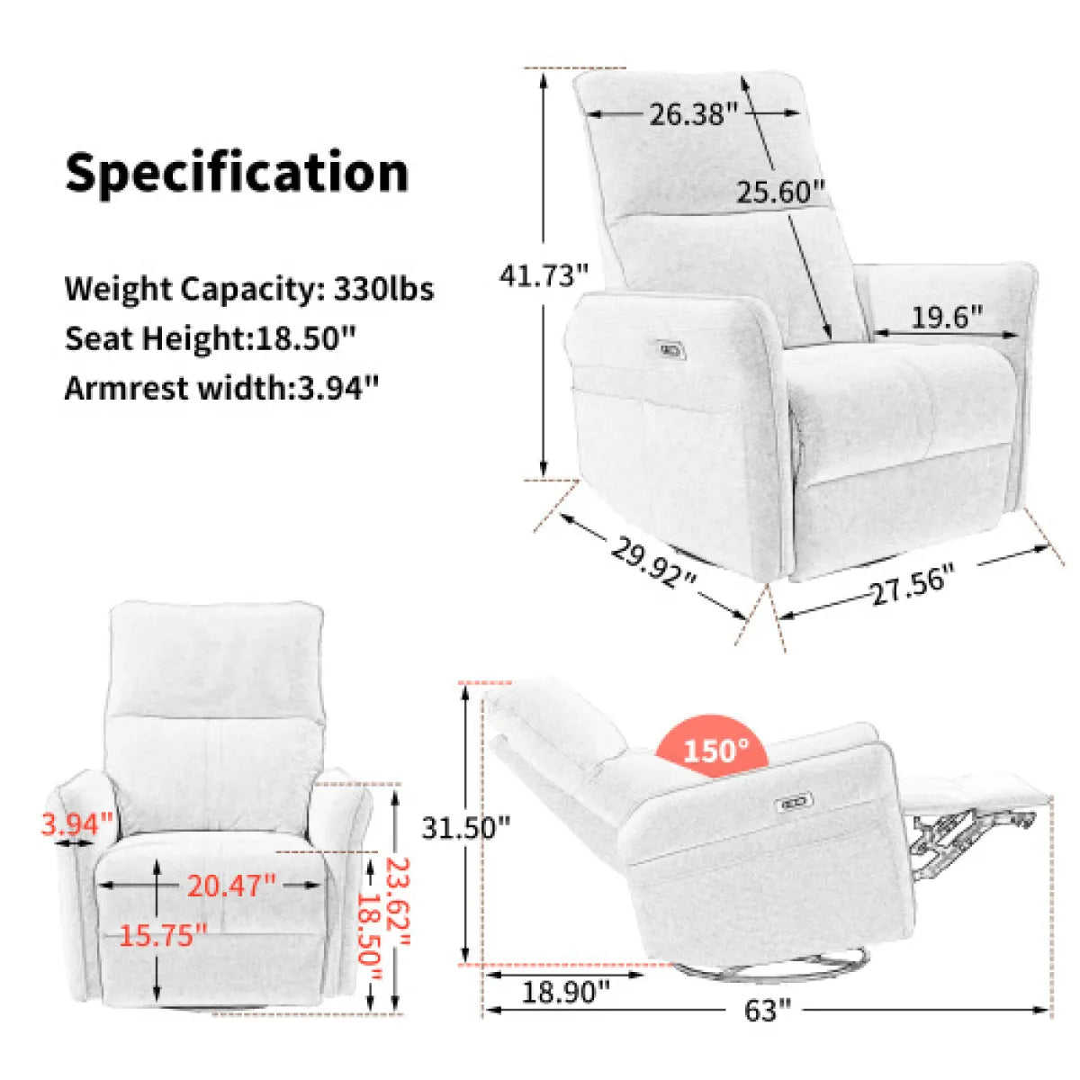 270° Power Swivel Rocker Recliner Chair – PU Leather Glider with USB Ports, Light Gray – view 7