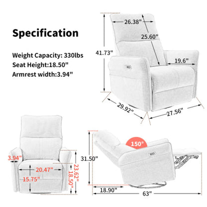 270° Power Swivel Rocker Recliner Chair – PU Leather Glider with USB Ports, Light Gray – view 7